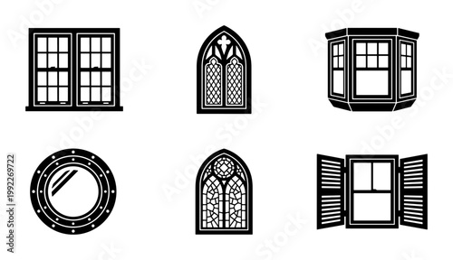 Vintage architectural window icons set, black silhouette house window frames, gothic and bay window vector collection for building design