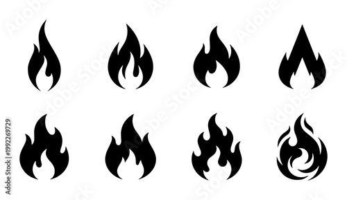 Black fire flame icon set, minimalist bonfire silhouette collection, 8 vector heat and spark symbols for logo design and warning labels