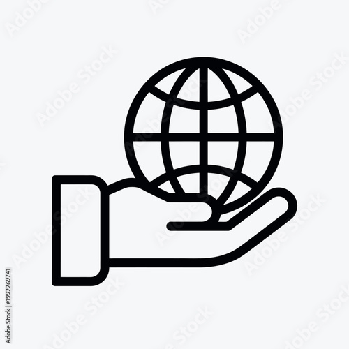 global environmental protection, worldwide earth care outline icon, line sign globe with latitude and longitude in hand vector isolated pictogram for web on white background editable stroke, minimal..