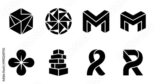 Minimalist black geometric logo set, 8 abstract vector icons, modern corporate branding elements, professional letter M and R symbols for identity design