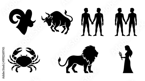 Zodiac signs black silhouette icons set, astrology horoscope symbols collection, celestial zodiac constellations vector graphics for web and print