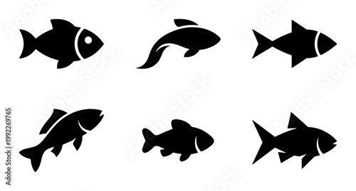 Minimalist fish silhouette icons set, black aquatic animal vector collection, 6 simple sea life shapes for fishing logos and seafood branding