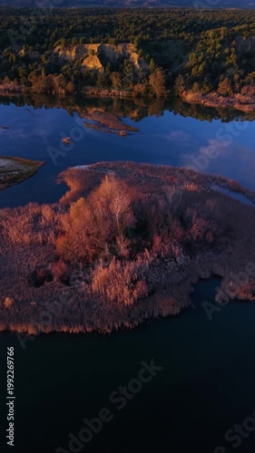 Aerial view from a drone of the Alberche River near the Cazalegas Reservoir, close to the town of Cazalegas. Province of Toledo. Castile-La Mancha. Spain. Europe