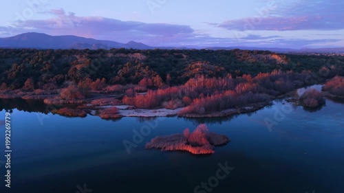 Aerial view from a drone of the Alberche River near the Cazalegas Reservoir, close to the town of Cazalegas. Province of Toledo. Castile-La Mancha. Spain. Europe