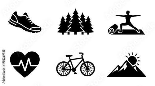 Minimalist outdoor fitness icons set, black silhouette wellness symbols for hiking and yoga, 6 vector elements for healthy lifestyle branding