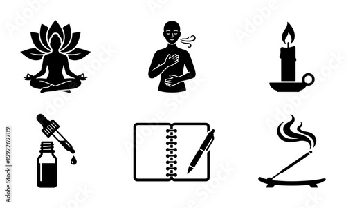 Mindfulness and meditation icon set, 6 black vector symbols for wellness and self-care, yoga and aromatherapy graphics for mental health apps