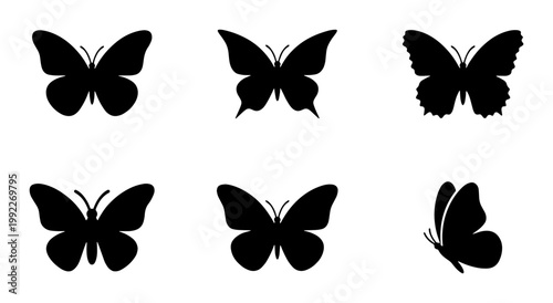 Black butterfly silhouettes set, 6 minimalist insect vector icons, decorative butterfly wing shapes, flat nature design elements for logos and tattoos