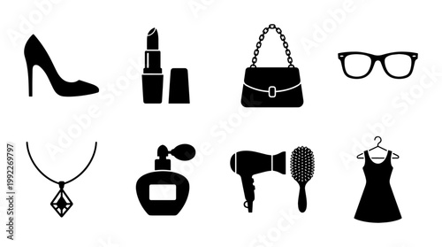 Fashion and beauty accessories icon set, black silhouette female lifestyle elements, 8 vector symbols for cosmetics and apparel shopping