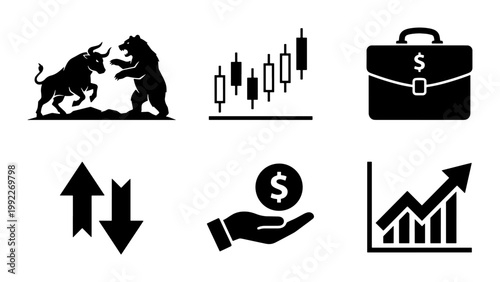 Stock market icons set with bull and bear, financial trading symbols and candlestick charts, 6 black vector elements for business and investment