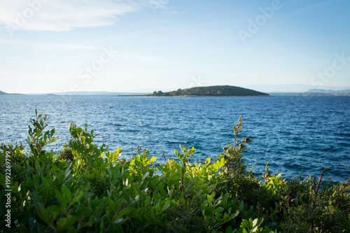Mediterranean coast with a view of the island and the sea through the greenery