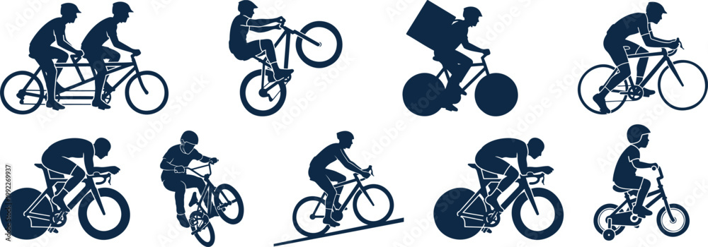 Fototapeta premium Collection of cyclist silhouettes depicting various biking styles and activities for sports silhouette vector illustration