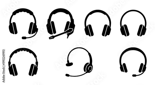 Black headphone silhouettes set, 7 vector icons of gaming headsets and call center earphones, audio equipment symbols for music and communication