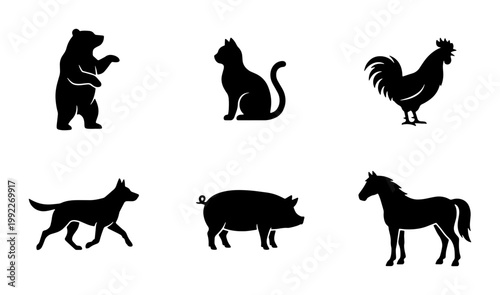 Black animal silhouettes collection, set of 6 vector icons featuring bear, cat, rooster, dog, pig, and horse, minimalist wildlife and farm animal shapes