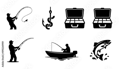 Fishing silhouette icon set, fisherman with rod and tackle box vectors, black and white angling hobby graphics for outdoor recreation and sports