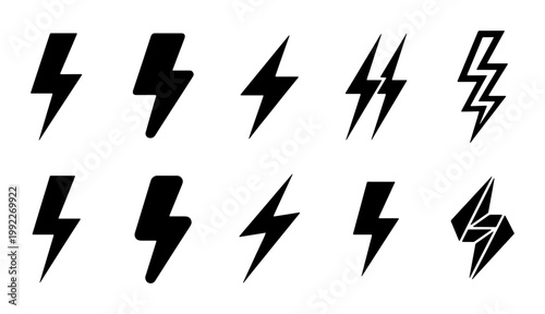 Lightning bolt icon set, black thunderbolt symbols for energy and power, 10 electric flash vector elements, minimalist storm and battery charging signs