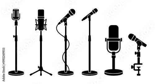 Professional microphone silhouette collection, 6 studio and stage mic icons on stands, vintage and modern recording equipment vector set