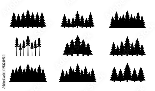 Photos Pine tree forest silhouette collection, black evergreen coniferous woods vector