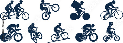 Collection of cyclist silhouettes depicting various biking styles and activities for sports silhouette vector illustration