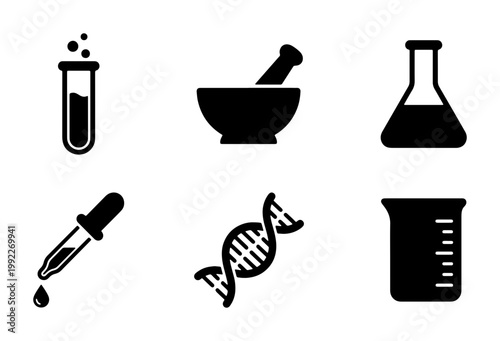 Scientific laboratory icon set, black chemistry equipment silhouettes, 6 medical research vector symbols, pharmacy and biotech lab glassware icons