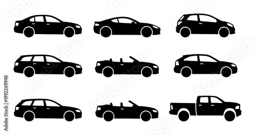 Black car silhouette icons set, 9 vehicle body types vector collection, sedan coupe hatchback and pickup truck side view symbols for automotive design