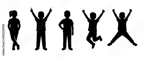 Happy children silhouettes set, 5 kids jumping and standing vector icons, black childhood figures for school and education designs