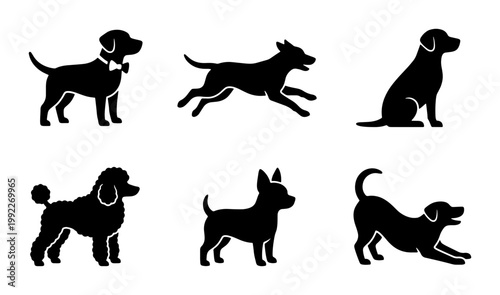 Black dog silhouettes set, 6 vector icons of different dog breeds in various poses, minimalist pet animal graphics for veterinary and grooming logos
