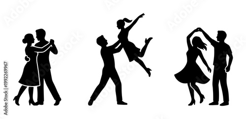 Ballroom dancing silhouettes set of 3 couples, elegant black vector figures performing salsa and swing, romantic dance partners in motion