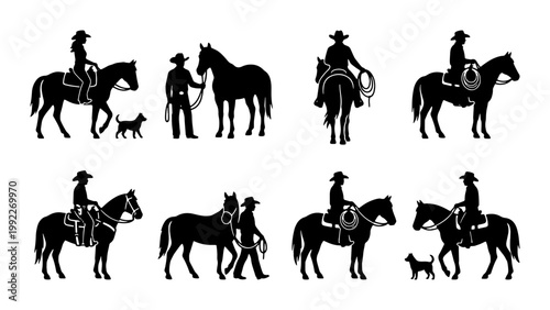 Western cowboy silhouettes, horse rider and rancher vector set, equestrian lifestyle icons with dogs and lasso, rustic wild west farm animals