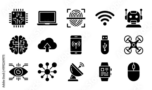 Modern technology icons set, 15 black solid vector symbols for artificial intelligence and digital hardware, futuristic tech interface elements