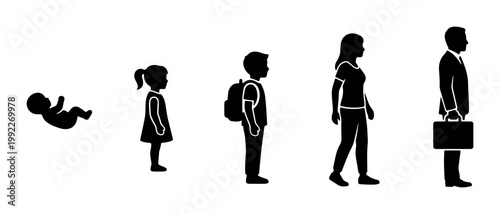 Human life cycle silhouettes showing aging process, evolution of man from baby to businessman, growth stages of people vector illustration