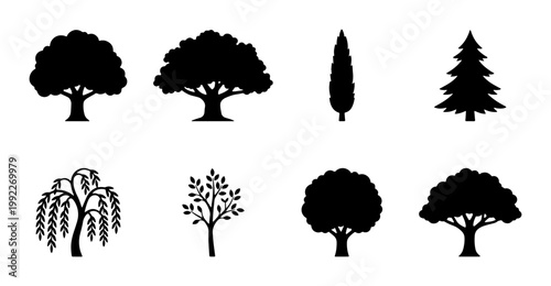 Minimalist tree silhouette icons, set of 8 black nature vector elements, forest and garden plant shapes for landscape design and mapping