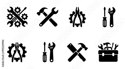 Industrial work tools icon set, black silhouettes of hammer and wrench, construction hardware equipment vector, repair service toolbox symbols