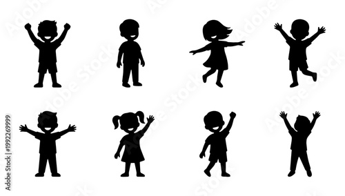Happy children silhouettes set, collection of 8 joyful kids icons, black vector shapes of boys and girls playing and cheering for school and family designs