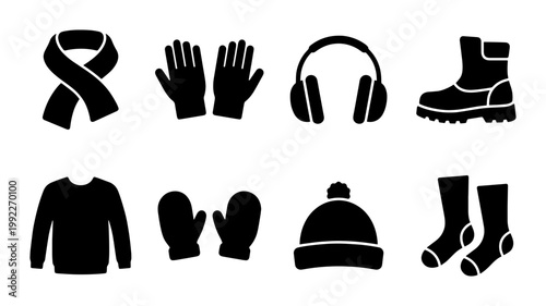 Winter clothing icon set with 8 black silhouettes, cold weather apparel collection, seasonal fashion accessories vector, warm outdoor garment symbols