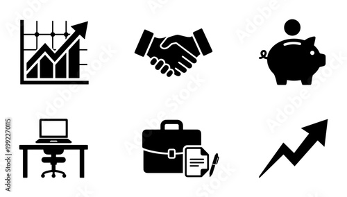Business and finance icon set, professional black silhouette vector elements, financial growth and corporate partnership symbols for web design