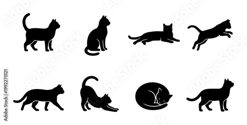Black cat silhouette collection, set of 8 feline vector icons in various poses, minimalist domestic cat shapes for logo design and pet branding