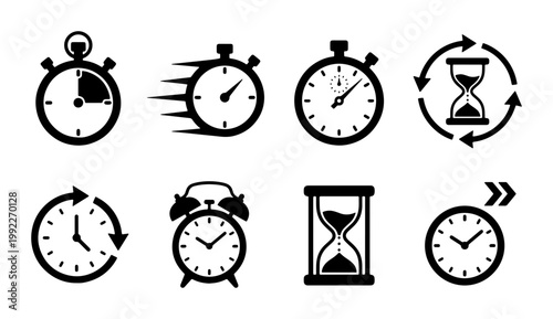 Minimalist time and speed icon set, 8 black stopwatch and hourglass vector symbols, flat clock and alarm icons for business productivity and deadlines