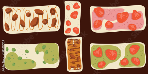 Set of chocolate bars with various fillings including nuts, strawberry, and pistachio cream in flat cartoon style. Sweet dessert collection isolated.