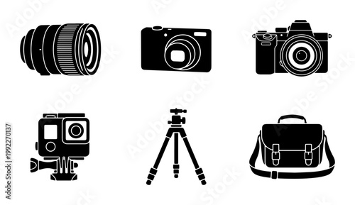 Photography equipment icons set, professional camera gear silhouettes, digital dslr and action camera vector illustrations, tripod and lens symbols