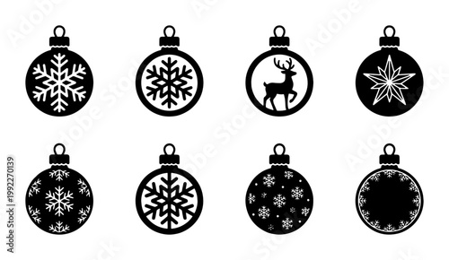 Christmas ball ornament silhouette icons, set of 8 black vector baubles with snowflake and reindeer designs, winter holiday decorative elements