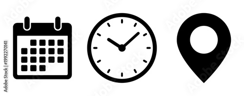 Minimalist event planning icons set, black calendar clock and location pin symbols, schedule and time management vector elements for web design