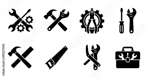 Industrial work tool icons set, black construction hardware symbols, 8 professional repair and maintenance vector elements for handyman services