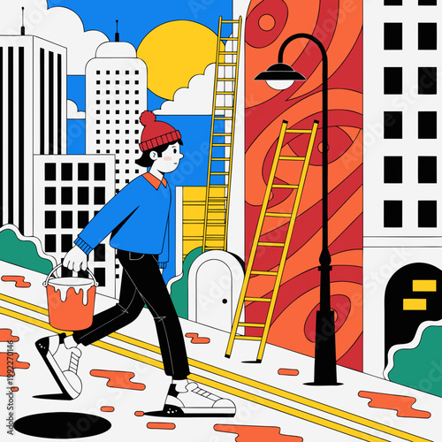 A vibrant city scene with a person walking down the street carrying a bucket, surrounded by urban landscape and colorful buildings, feeling carefree and creative.