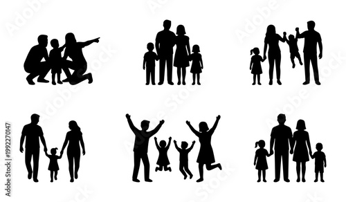 Family silhouette collection, black vector people icons of parents and children, set of 6 happy family groups walking and playing together