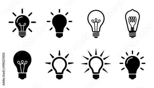 Minimalist light bulb icon set, 8 black vector line and silhouette lightbulb symbols, creative idea and innovation concept illustrations for business