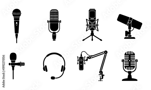 Professional microphone silhouette icons, recording studio equipment set, podcasting and broadcasting gear collection, 8 vector audio symbols