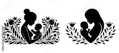 Minimalist mother and baby silhouette vector, floral maternal love illustration, black and white motherhood icons with botanical elements