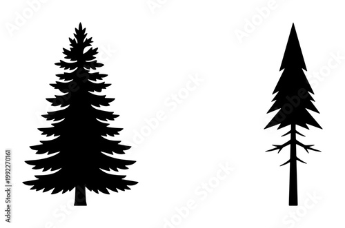 Pine tree silhouettes, black evergreen forest icons, minimalist conifer spruce vector set, isolated fir tree shapes on white background
