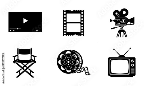 Cinema and movie production icon set, black film industry vector symbols, vintage video camera and director chair collection, 6 multimedia elements