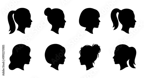 Female profile silhouette icons, set of 8 woman head side view vectors, diverse hairstyles and girl face contours for beauty and fashion branding